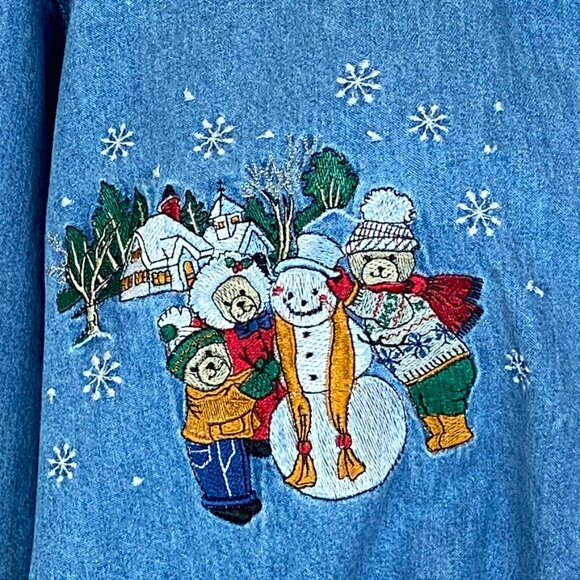 Vintage Brooks Woman Denim Embroidered Christmas Shirt Sz 22W/24W - Picture 3 of 9